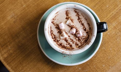 Overhead view of cup of hot chocolate with marshmallows